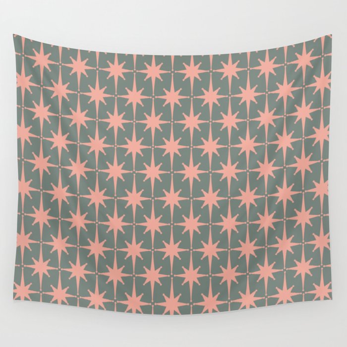 Atomic Age Retro 50s Starburst Pattern in Blush Pink and Gray-Green Wall Tapestry Gallery Image 4