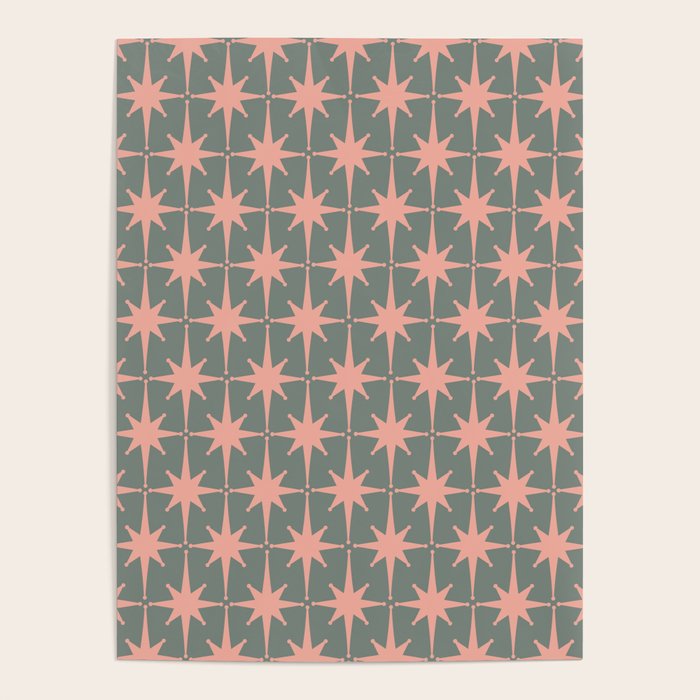 Atomic Age Retro 50s Starburst Pattern in Blush Pink and Gray-Green Poster Gallery Image 1