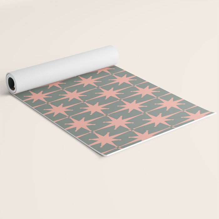 Atomic Age Retro 50s Starburst Pattern in Blush Pink and Gray-Green Yoga Mat Gallery Image 2