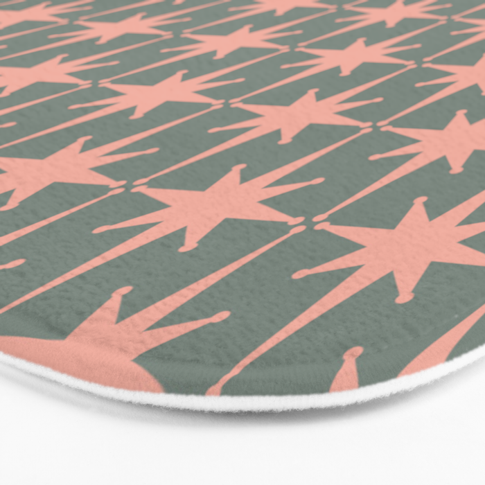 Atomic Age Retro 50s Starburst Pattern in Blush Pink and Gray-Green Bath Mat Gallery Image 3
