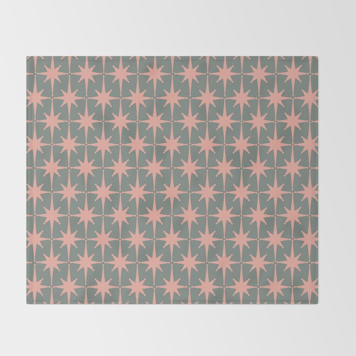 Atomic Age Retro 50s Starburst Pattern in Blush Pink and Gray-Green Throw Blanket Gallery Image 2