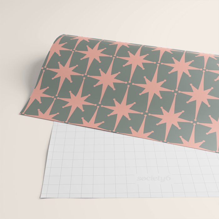 Atomic Age Retro 50s Starburst Pattern in Blush Pink and Gray-Green Wrapping Paper Gallery Image 2