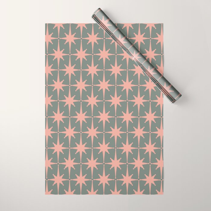 Atomic Age Retro 50s Starburst Pattern in Blush Pink and Gray-Green Wrapping Paper Gallery Image 1