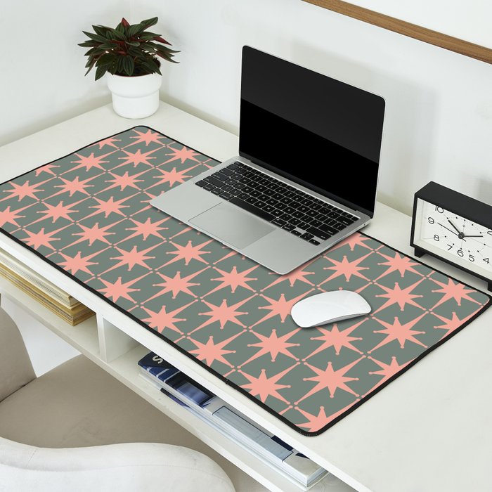 Atomic Age Retro 50s Starburst Pattern in Blush Pink and Gray-Green Desk Mat Gallery Image 2