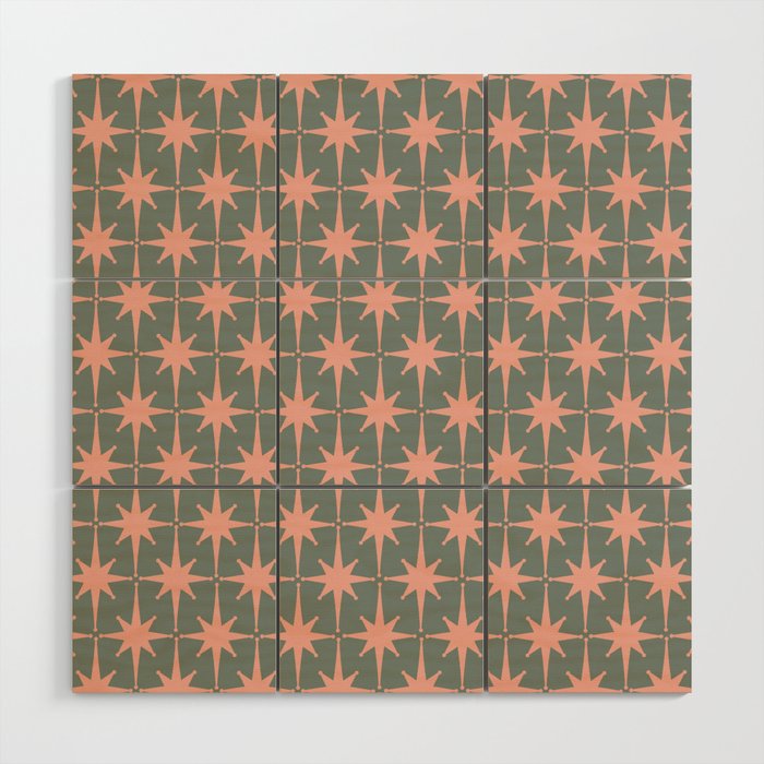 Atomic Age Retro 50s Starburst Pattern in Blush Pink and Gray-Green Wood Wall Art Gallery Image 1