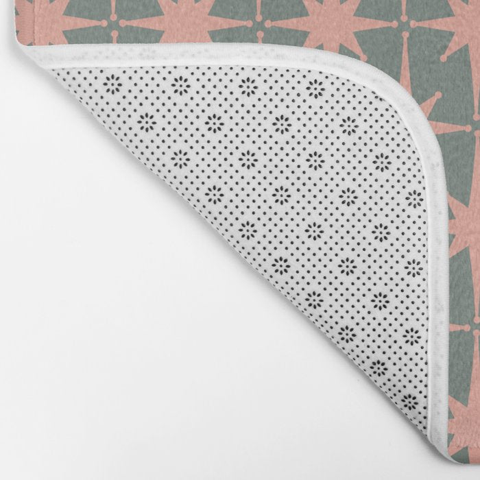 Atomic Age Retro 50s Starburst Pattern in Blush Pink and Gray-Green Bath Mat Gallery Image 2