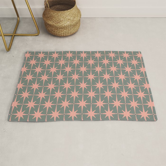 Atomic Age Retro 50s Starburst Pattern in Blush Pink and Gray-Green Rug Gallery Image 1
