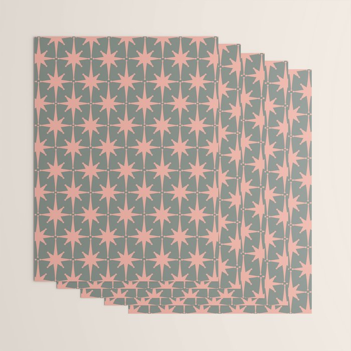 Atomic Age Retro 50s Starburst Pattern in Blush Pink and Gray-Green Wrapping Paper Gallery Image 3