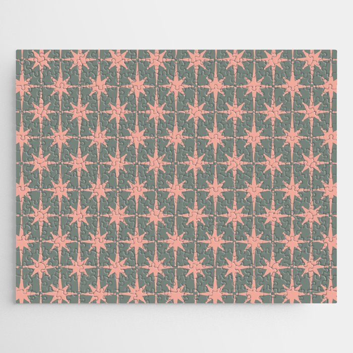 Atomic Age Retro 50s Starburst Pattern in Blush Pink and Gray-Green Jigsaw Puzzle Gallery Image 1