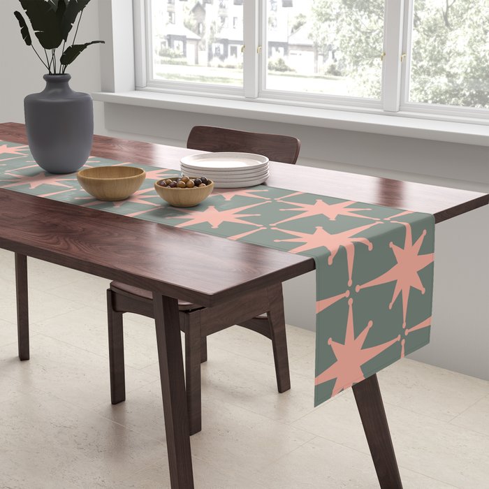 Atomic Age Retro 50s Starburst Pattern in Blush Pink and Gray-Green Table Runner Gallery Image 2