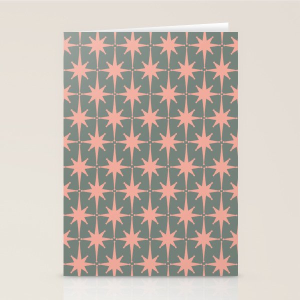 Atomic Age Retro 50s Starburst Pattern in Blush Pink and Gray-Green Stationery Card Gallery Image 2