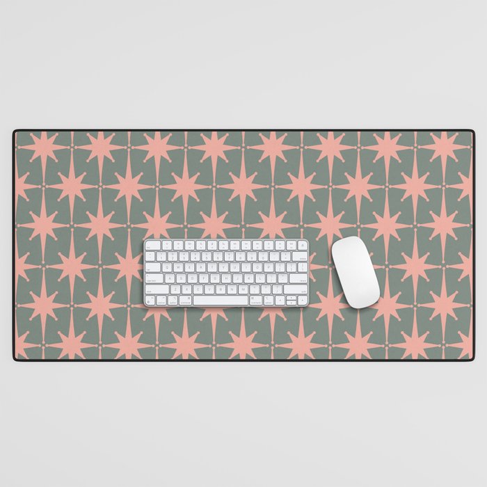 Atomic Age Retro 50s Starburst Pattern in Blush Pink and Gray-Green Desk Mat Gallery Image 1