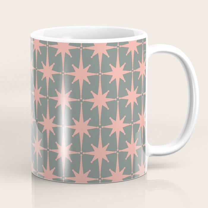 Atomic Age Retro 50s Starburst Pattern in Blush Pink and Gray-Green Coffee Mug Gallery Image 1