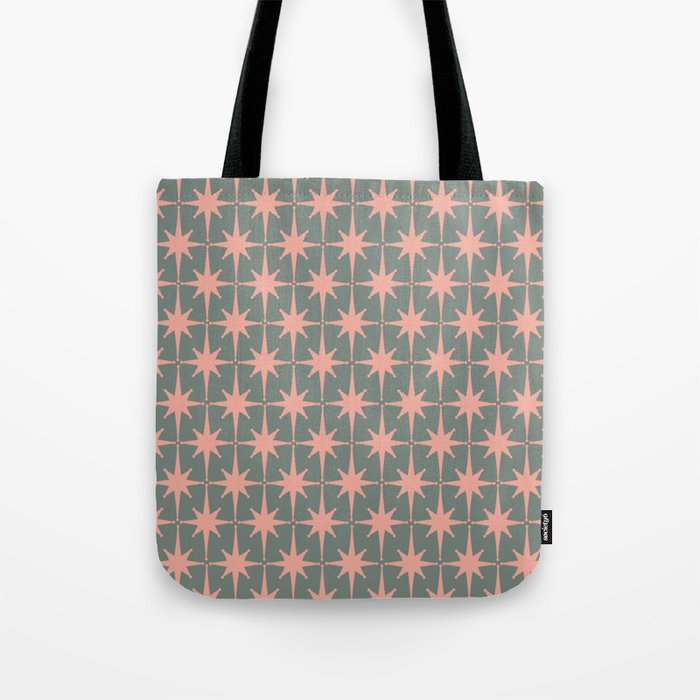 Atomic Age Retro 50s Starburst Pattern in Blush Pink and Gray-Green Tote Bag Gallery Image 1