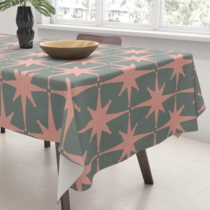 Atomic Age Retro 50s Starburst Pattern in Blush Pink and Gray-Green Tablecloth Gallery Image 3