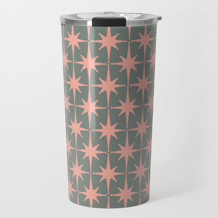 Atomic Age Retro 50s Starburst Pattern in Blush Pink and Gray-Green Travel Mug Gallery Image 1