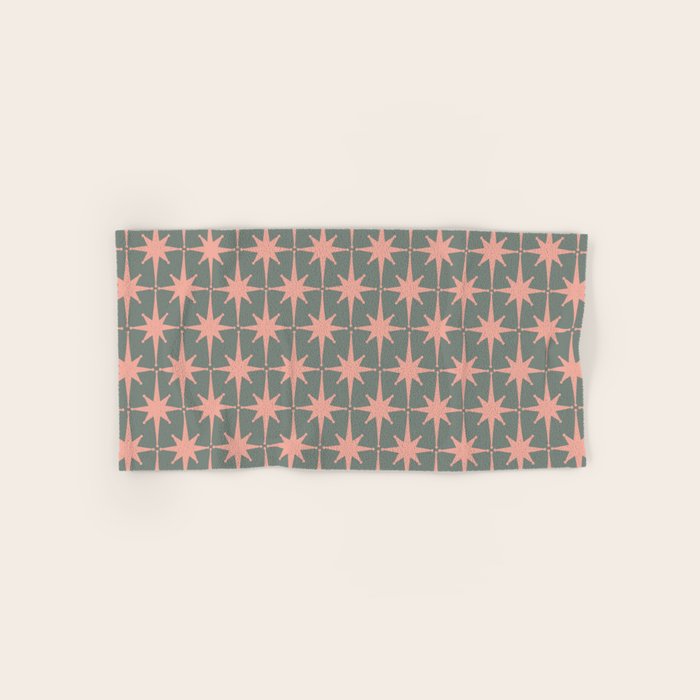 Atomic Age Retro 50s Starburst Pattern in Blush Pink and Gray-Green Bath Towel Gallery Image 1