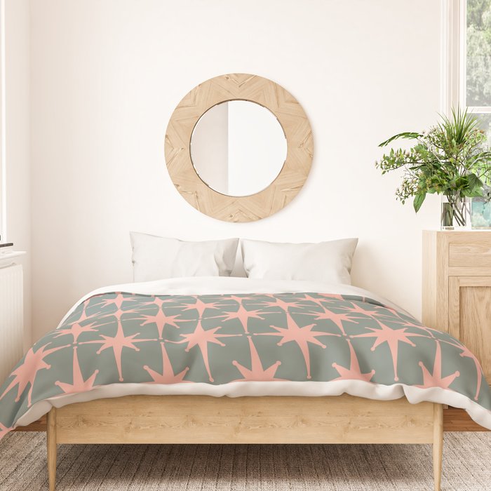 Atomic Age Retro 50s Starburst Pattern in Blush Pink and Gray-Green Duvet Cover Gallery Image 3