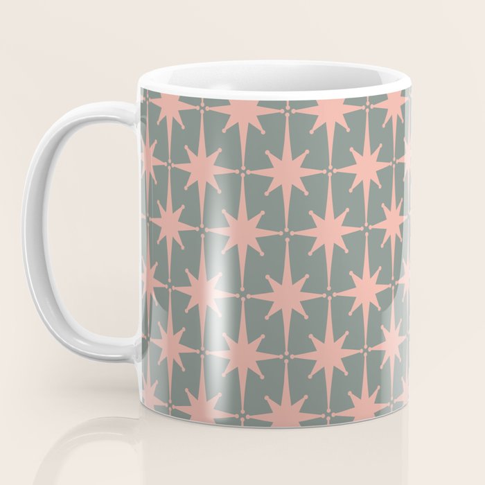 Atomic Age Retro 50s Starburst Pattern in Blush Pink and Gray-Green Coffee Mug Gallery Image 3