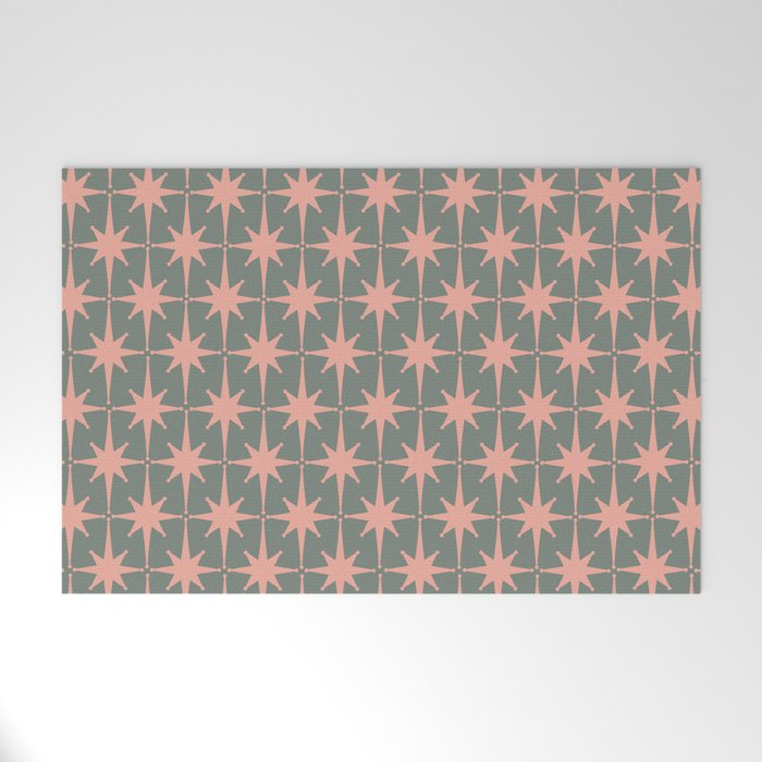 Atomic Age Retro 50s Starburst Pattern in Blush Pink and Gray-Green Welcome Mat Gallery Image 1