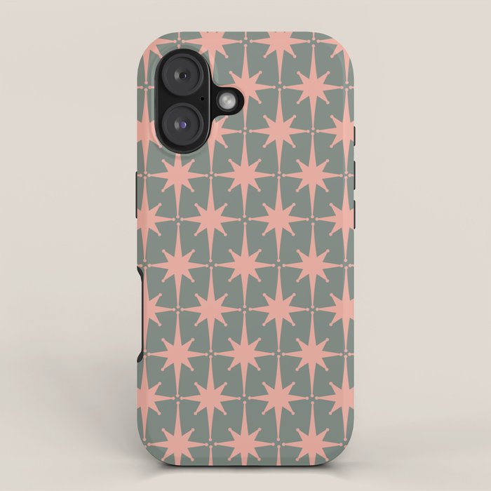 Atomic Age Retro 50s Starburst Pattern in Blush Pink and Gray-Green iPhone Case Gallery Image 1