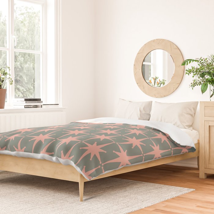 Atomic Age Retro 50s Starburst Pattern in Blush Pink and Gray-Green Duvet Cover Gallery Image 2