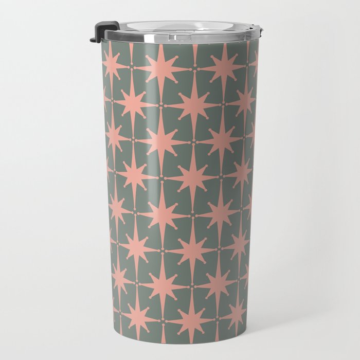 Atomic Age Retro 50s Starburst Pattern in Blush Pink and Gray-Green Travel Mug Gallery Image 3