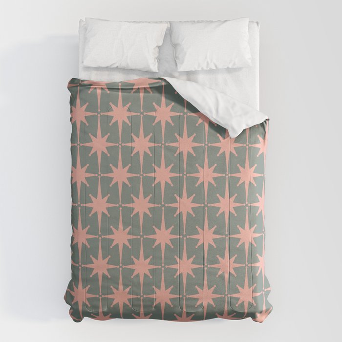 Atomic Age Retro 50s Starburst Pattern in Blush Pink and Gray-Green Comforter Gallery Image 1