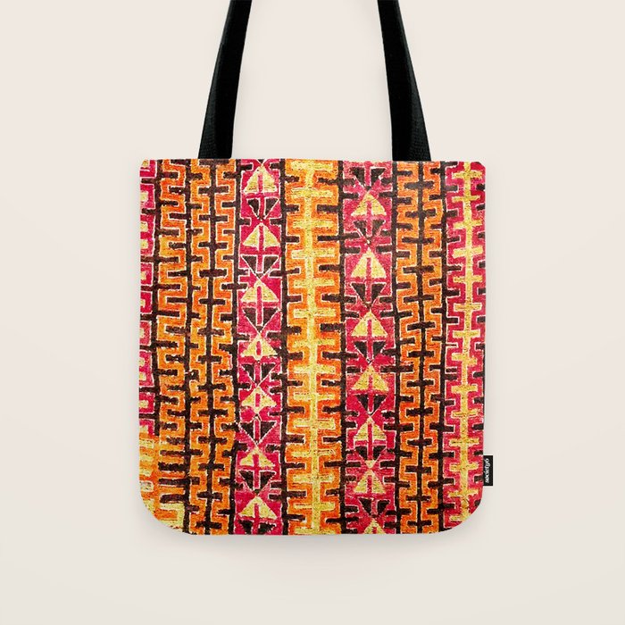Red Orange Striped Geometric Abstract Antique Moroccan Rug Print Tote Bag Gallery Image 1