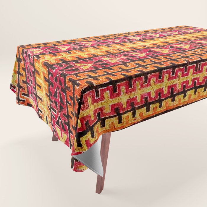 Red Orange Striped Geometric Abstract Antique Moroccan Rug Print Tablecloth Gallery Image 1