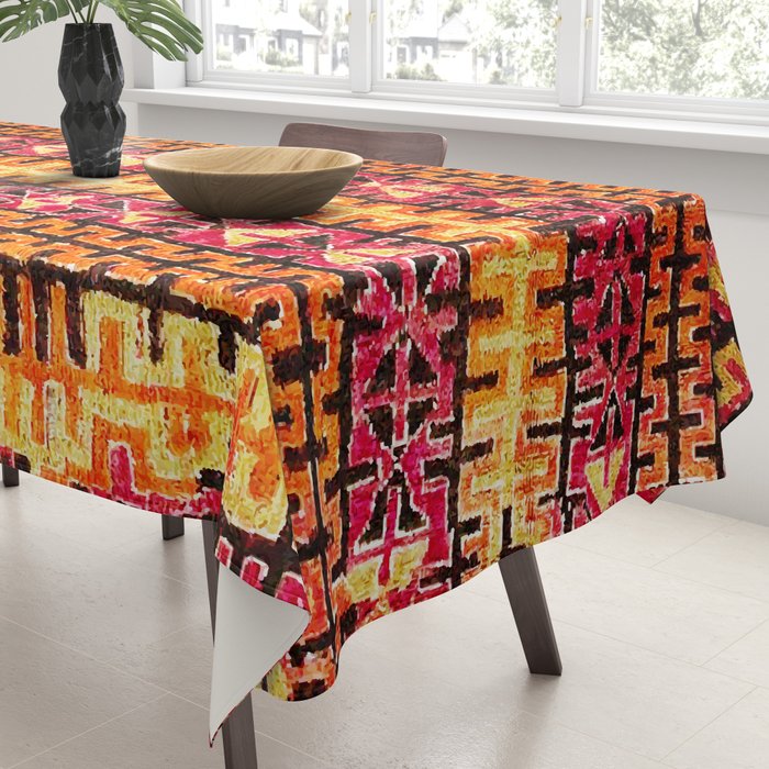 Red Orange Striped Geometric Abstract Antique Moroccan Rug Print Tablecloth Gallery Image 3