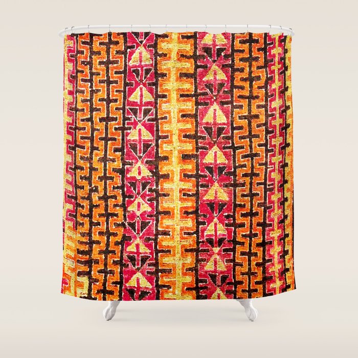 Red Orange Striped Geometric Abstract Antique Moroccan Rug Print Shower Curtain Gallery Image 1