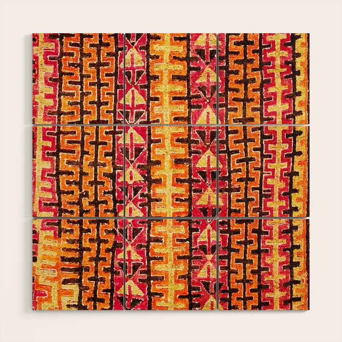 Red Orange Striped Geometric Abstract Antique Moroccan Rug Print Wood Wall Art Gallery Image 1