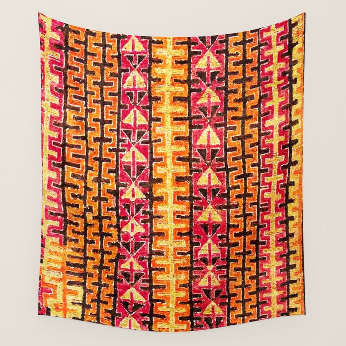 Red Orange Striped Geometric Abstract Antique Moroccan Rug Print Wall Tapestry Gallery Image 1