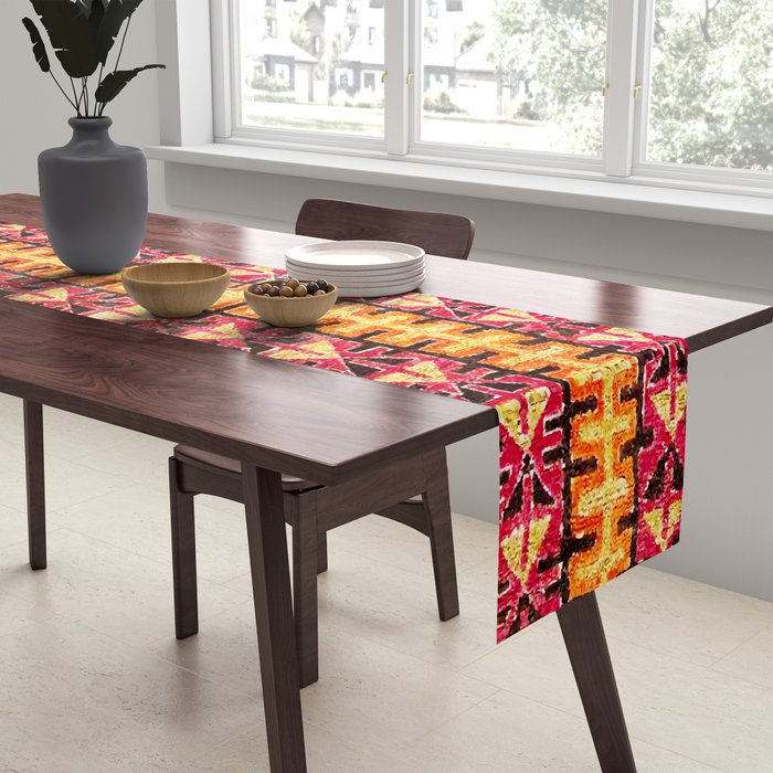 Red Orange Striped Geometric Abstract Antique Moroccan Rug Print Table Runner Gallery Image 2