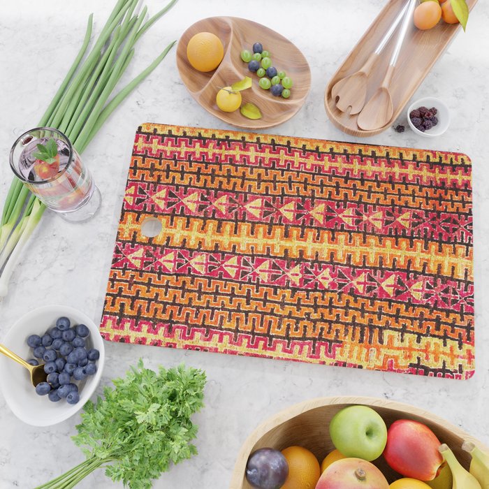 Red Orange Striped Geometric Abstract Antique Moroccan Rug Print Cutting Board Gallery Image 2
