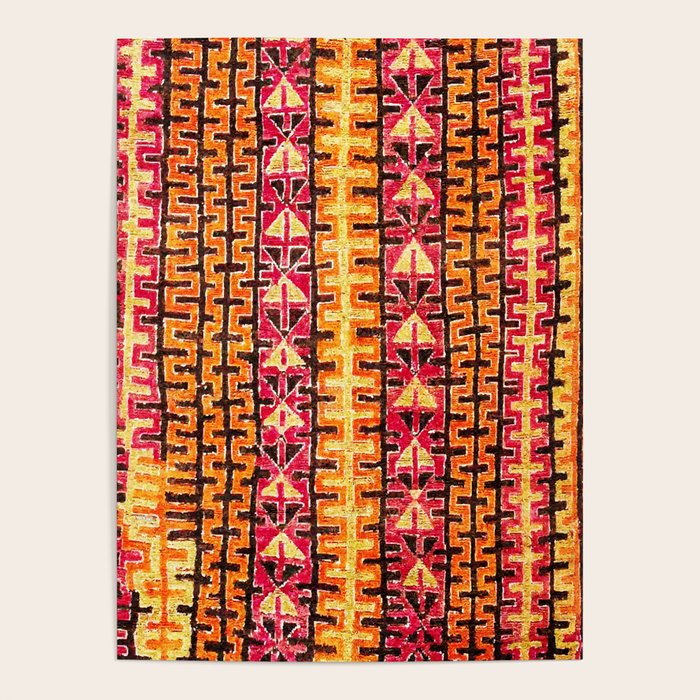 Red Orange Striped Geometric Abstract Antique Moroccan Rug Print Poster Gallery Image 1