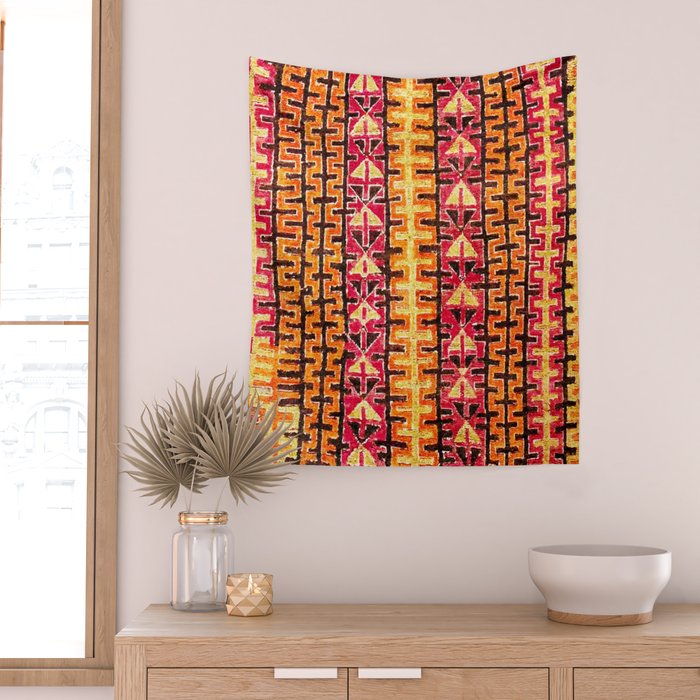 Red Orange Striped Geometric Abstract Antique Moroccan Rug Print Wall Tapestry Gallery Image 2