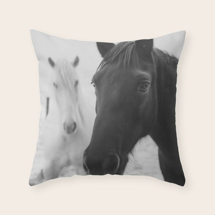 Horses in the Snow - Black and White Winter Photography Print Throw Pillow Gallery Image 6