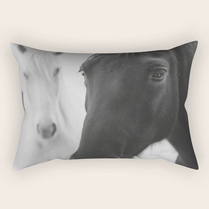 Horses in the Snow - Black and White Winter Photography Print Rectangular Pillow Gallery Image 1