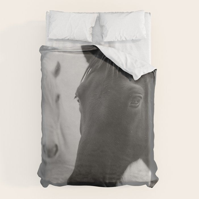 Horses in the Snow - Black and White Winter Photography Print Duvet Cover Gallery Image 1
