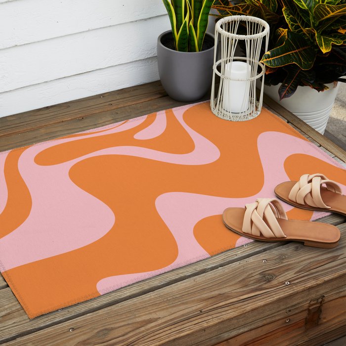 Retro Liquid Swirl Abstract 2 in Pastel Pink and Light Orange Outdoor Rug Gallery Image 2