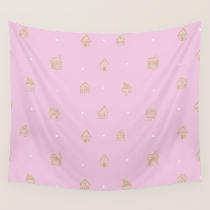 Christmas gingerbread house doodle pattern  Wall Tapestry Gallery Image 1