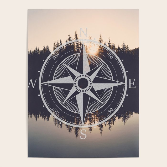 Wooded Lake Reflection Compass Poster Gallery Image 4