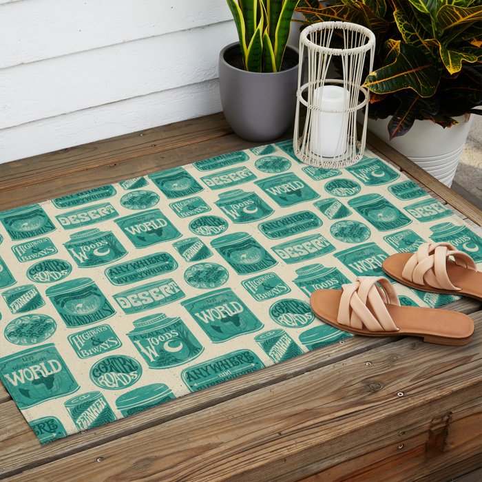 Vagabondâs Cupboard - teal and cream Outdoor Rug Gallery Image 2