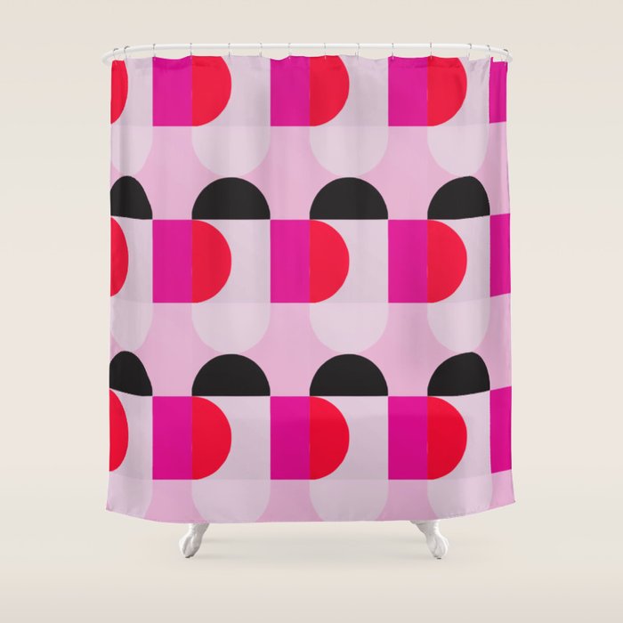 Mid Century Modern Pink Red Black Geometric Shower Curtain Gallery Image 1