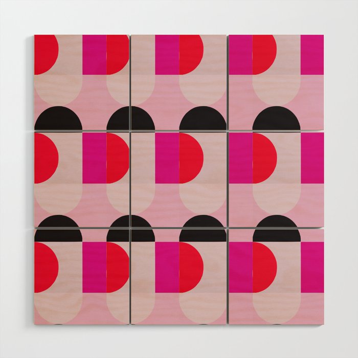 Mid Century Modern Pink Red Black Geometric Wood Wall Art Gallery Image 1