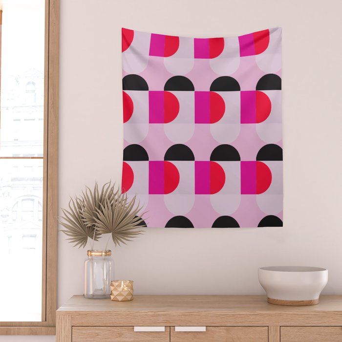 Mid Century Modern Pink Red Black Geometric Wall Tapestry Gallery Image 2