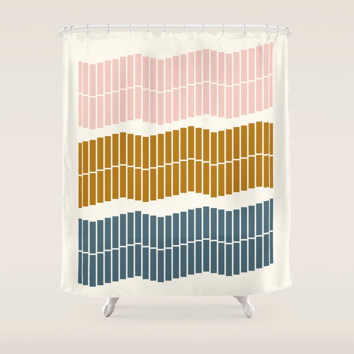 Minimalist Wavy Geometric Pattern in Pink, Gold, and Blue Shower Curtain Gallery Image 1