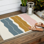 Minimalist Wavy Geometric Pattern in Pink, Gold, and Blue Outdoor Rug Gallery Image 2